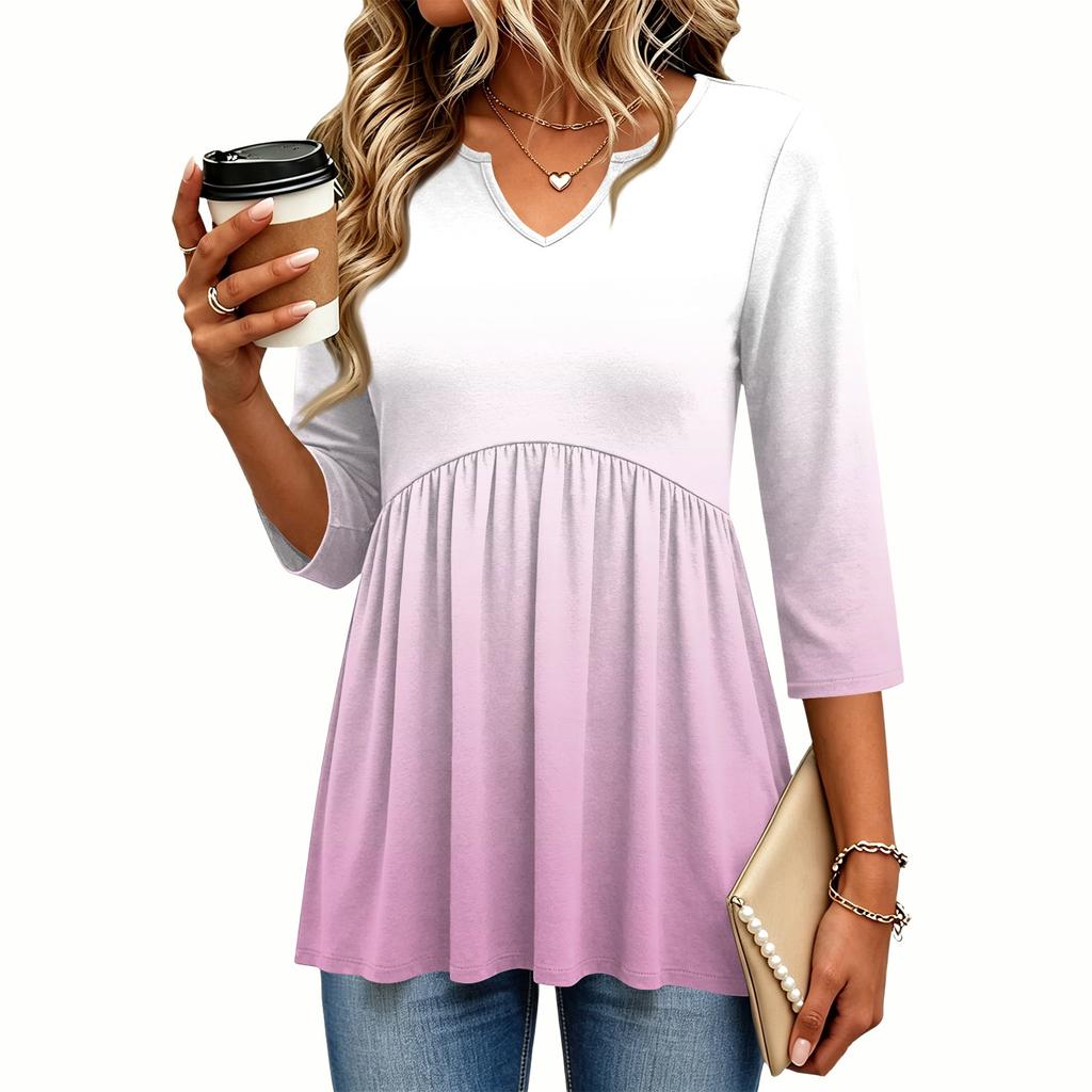 Women's V-Neck Blouse with Three-Quarter Sleeves and Print for Casual Wear
