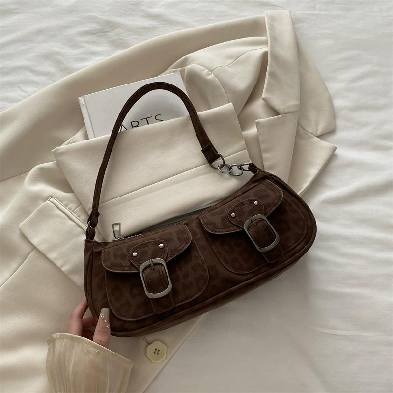 

Women s Vintage Dual Pocket Shoulder Bag Zipper Closure Fashion Versatile Daily Handbag коричневий