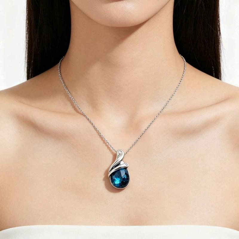 Elegant Blue Crystal Water Drop Necklace with Cubic Zirconia Inlay - Versatile Clavicle Chain for Women
