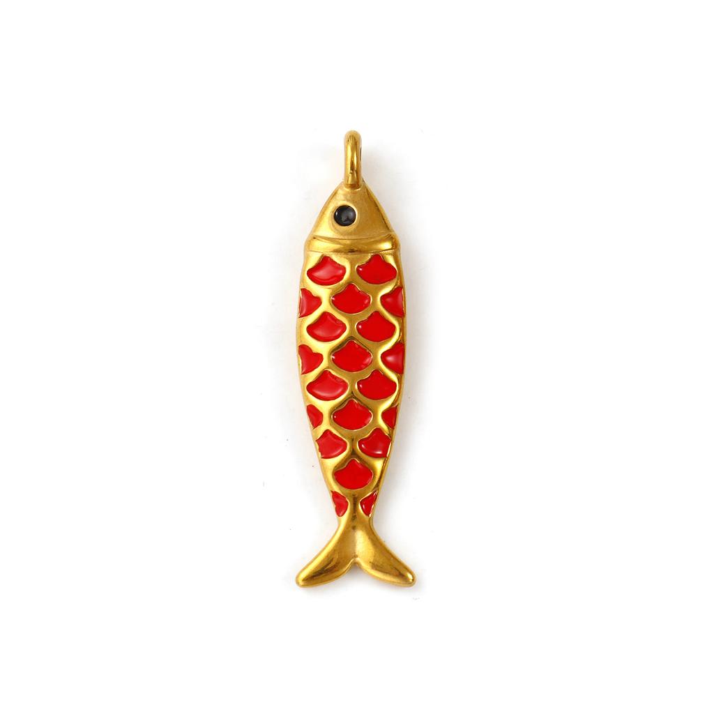 2 PCS 304 Stainless Steel Ocean Jewelry Pendants 18K Gold Plated Enamel Fish Animal 3D Charms For Keychains Necklace 4.9cmx1.3cm