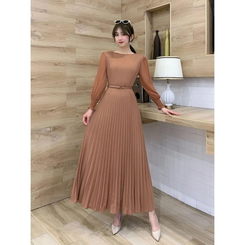 Women Slim Pleated Maxi Dress with Belt Female Streetwear Vintage Dress Tie Front Dress  Robe