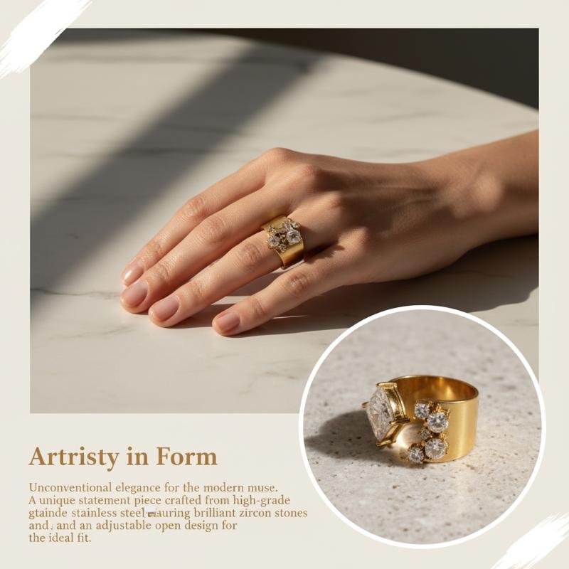 Geometric Zircon Open Rings For Women Gold Pvd Plated Stainless Steel Rings Jewelry Rhinestone Crystal Ring Shiny Zircon