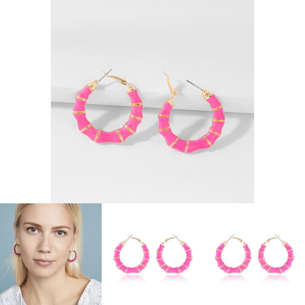 Fashionable Exaggerated Pink Bamboo Hoop Earrings For Women 2021 Summer