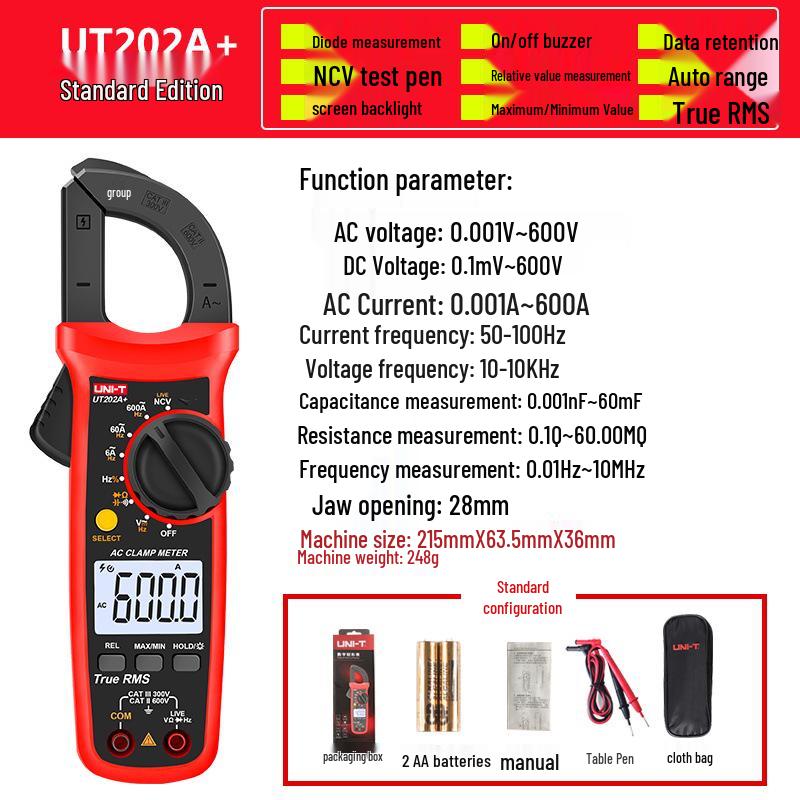 Uni-T UT201+ High-Precision Digital Clamp Multimeter: Electrician's AC/DC Ammeter with Digital Display.