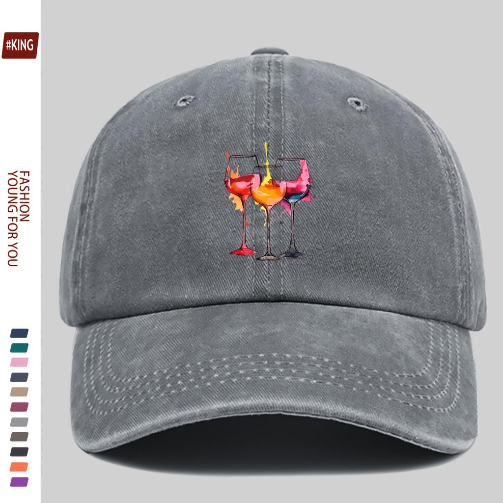 Cappellino da Baseball in Cotone Lavato con Disegno di Calice da Vino, Cappello in Denim Regolabile, Unisex, Casual, per Esterno, Cappellino da Golf