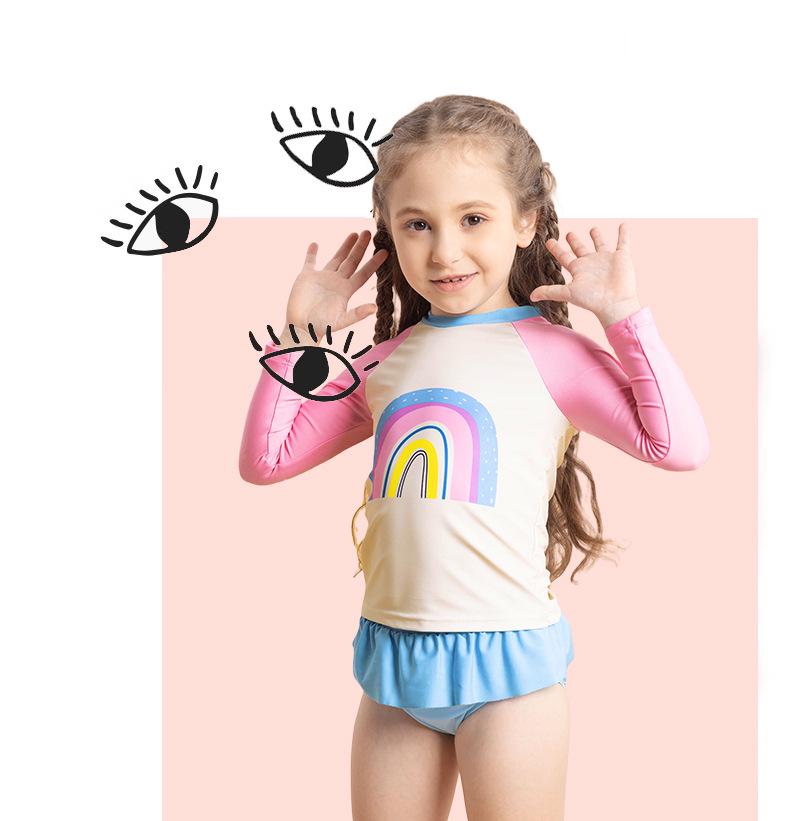 Set costum de baie cu mâneci lungi pentru fete cu curcubeu - Protecție solară, Vară 2025