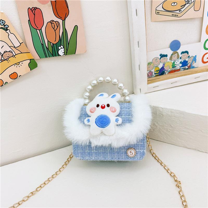 Stylish Mini Chain Plush Shoulder Bag Featuring Adorable Cartoon Animals For Girls Blue Bear