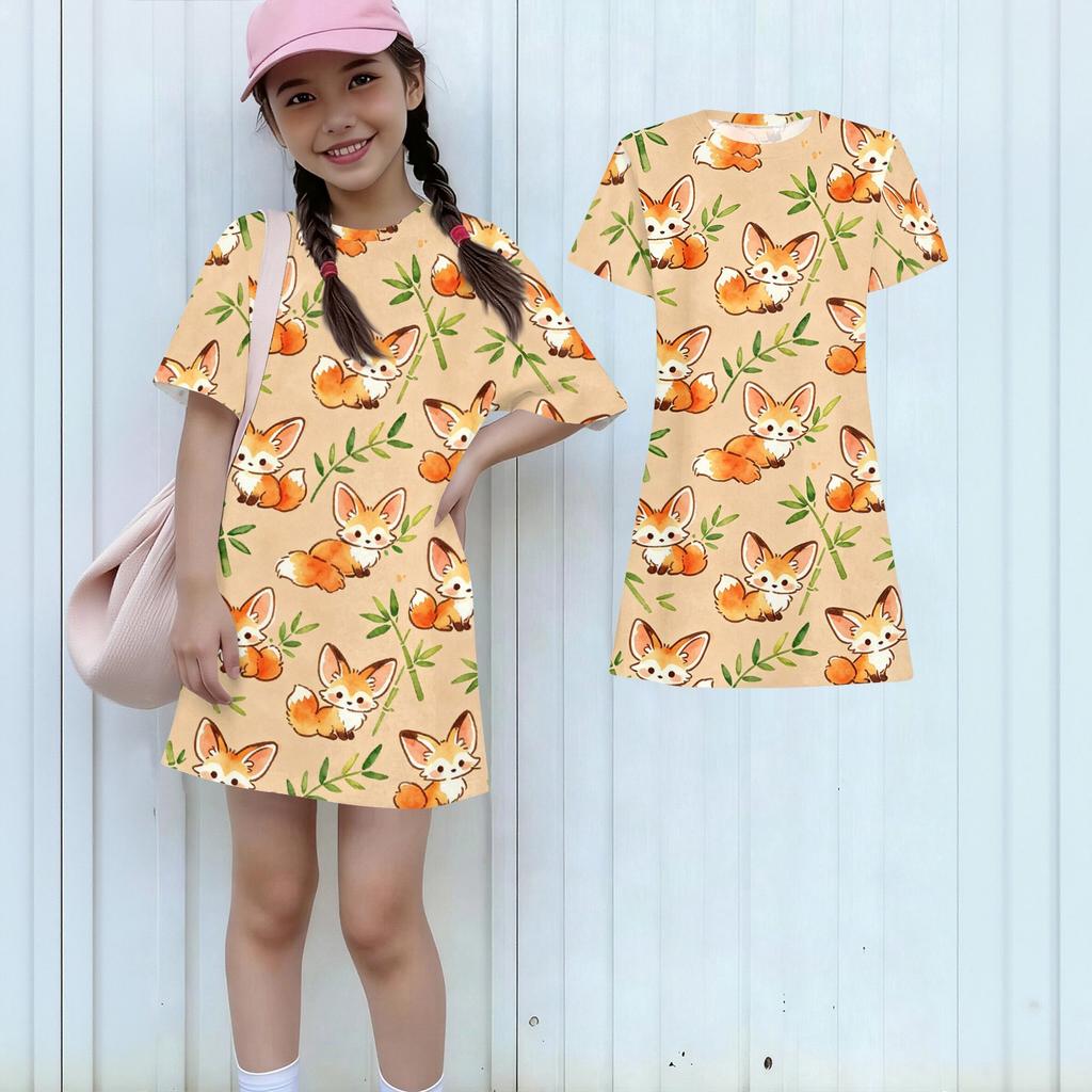 Girls Animal Print Dress Short Sleeve Round Neck Loose Fit Lightweight Casual Summer Dress for Kids