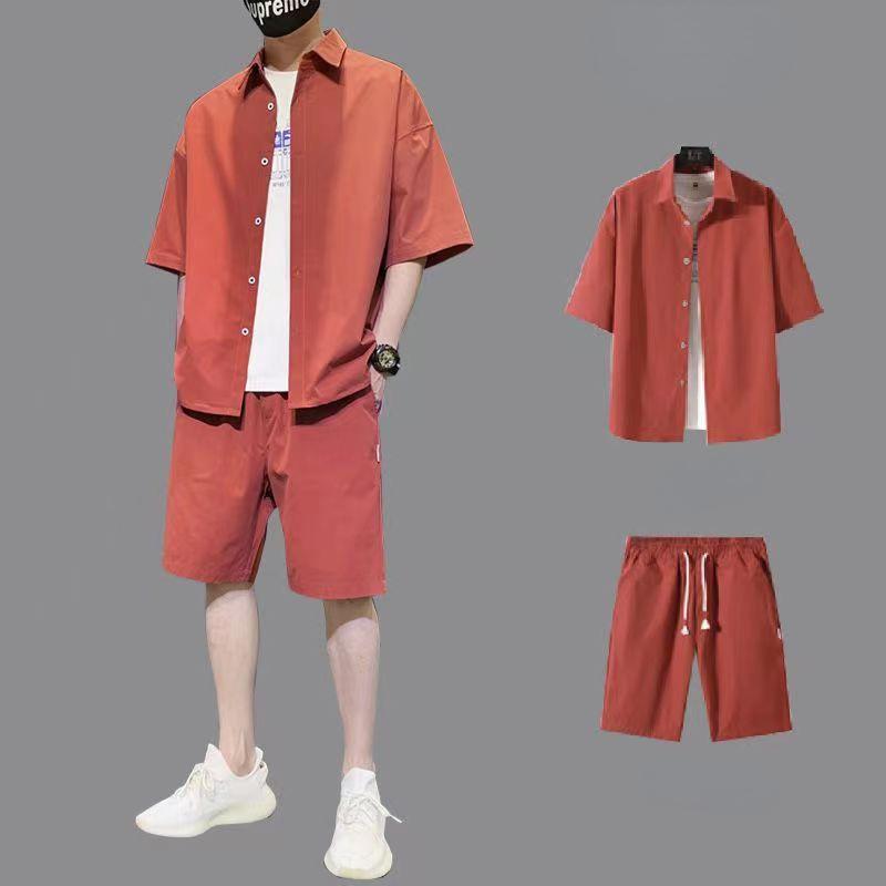 Pánská sada košil Letní jednobarevná košile s krátkým rukávem a plážové šortky Streetwear Sportovní 2dílná sada
