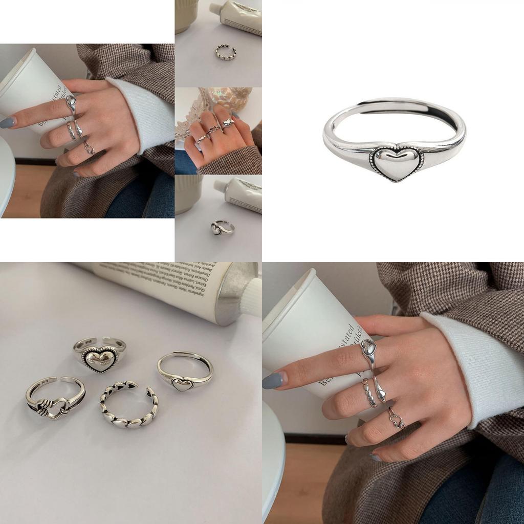 Exquisite S925 Silver Heart Shaped Ring For Women Unique Vintage Geometry Style