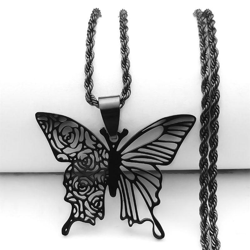 Gothic Black Butterfly Hollow Pendant Necklace for Women Men Stainless Steel Carving Flower Rose Insect Necklaces Jewelry N6121