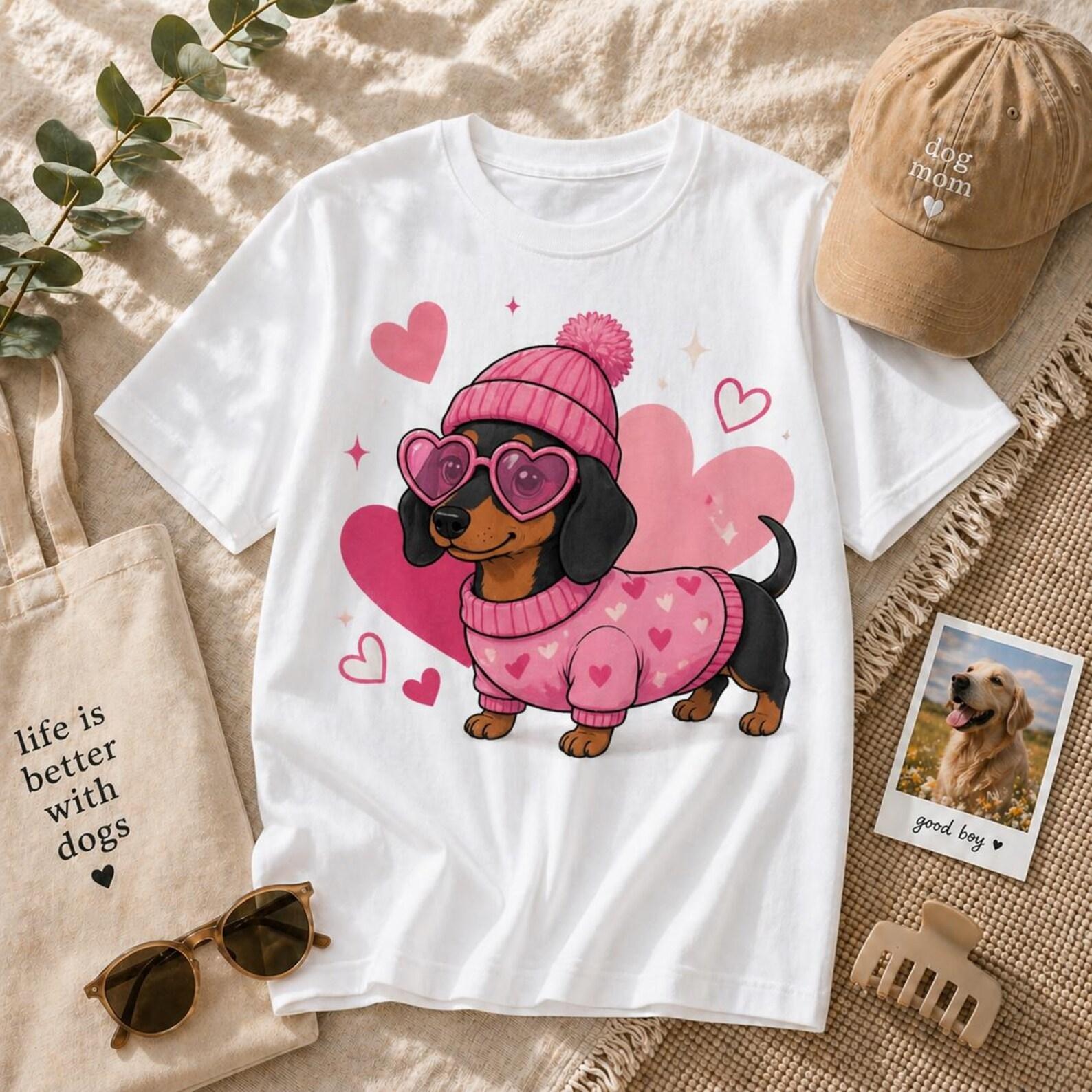 Dachshund Valentine Shirt – Kawaii Wiener Dog, Pink Heart Puppy Graphic Tee L