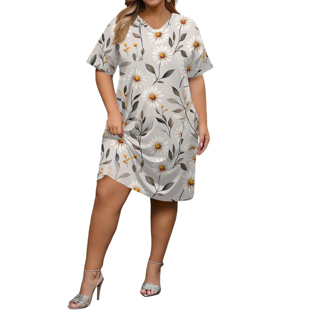 Summer Plus Size V Neck Short Sleeve Knee Pocket  Print Casual Dress For Women