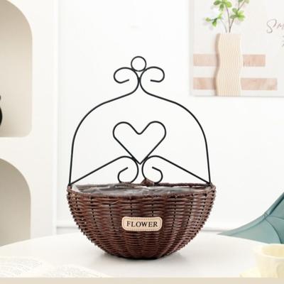 Imitation Rattan Hanging Flower Basket Wear-resistant Handmade Wall Planter Rural Style Wall Mounted Metal Planter Holder