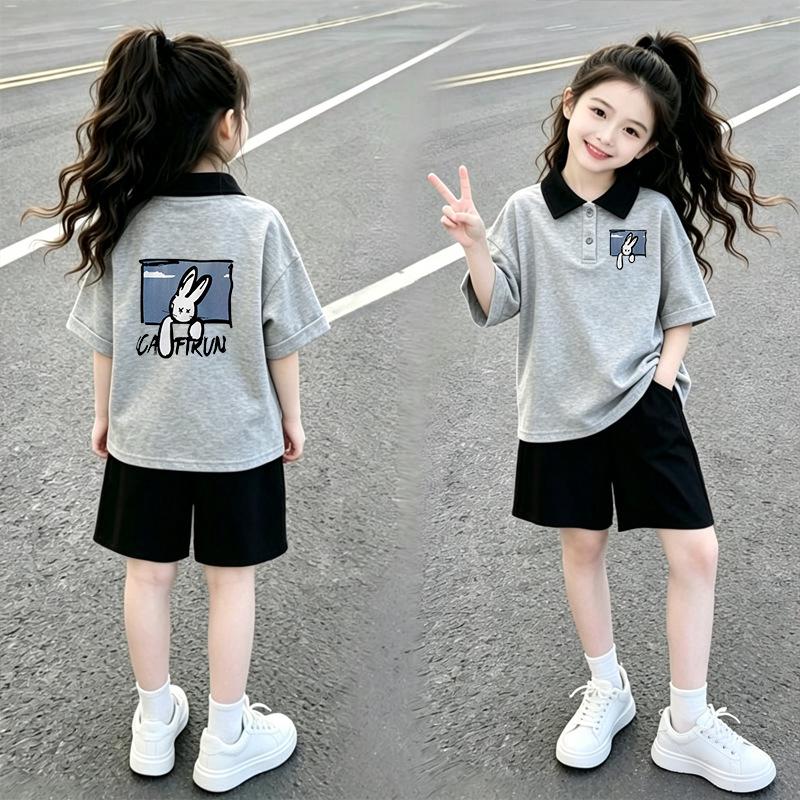 Girls' Cotton Patchwork Short-Sleeve Polo Two-Piece Set - Casual Summer Wear for Medium & Large Children