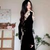 French retro Hepburn style autumn and winter new long-sleeved knitted thin lace splicing temperament long dress black dress