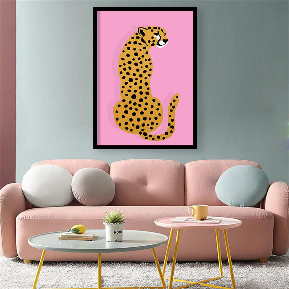 Animal Leopard Cartoon Portrait Poster Pink Print Oil Painting Wall Art Home Decoration Bedroom