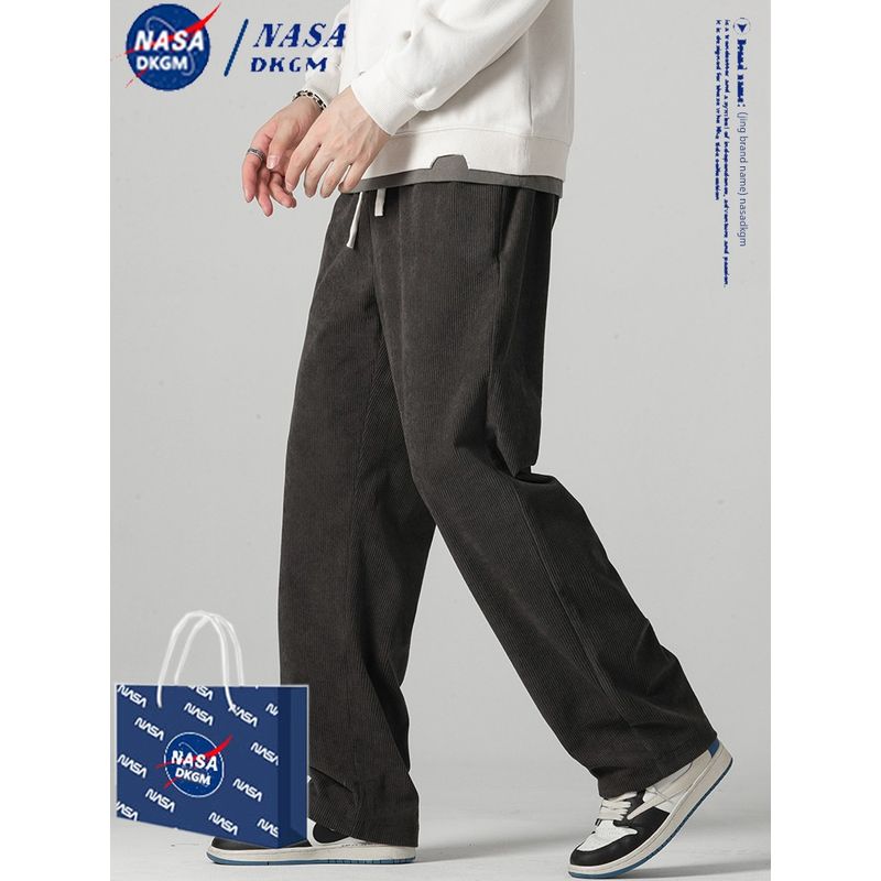 Nasa Corduroy Pants for Men, New Autumn and Winter Style, Loose Straight-Leg Fleece-Lined Wide-Leg Pants for Boys, Sports Casual Long Pants