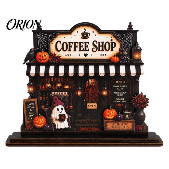 Coffee Nook Festive Displays Wooden Halloween Bar Sign, Fall Harvest Tabletop Decor Plaque with Pumpkin Autumn Seasonal Home Ghost Cat, Retro