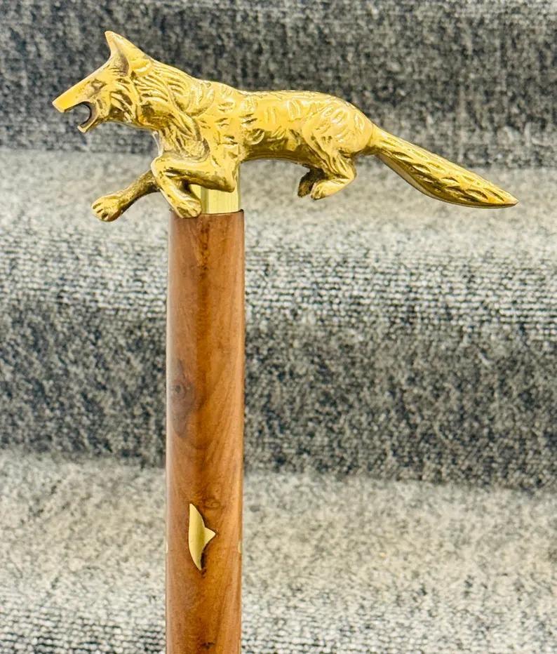 Vintage Solid Brass Fox Head Cane Handle for Walking Stick handmade design