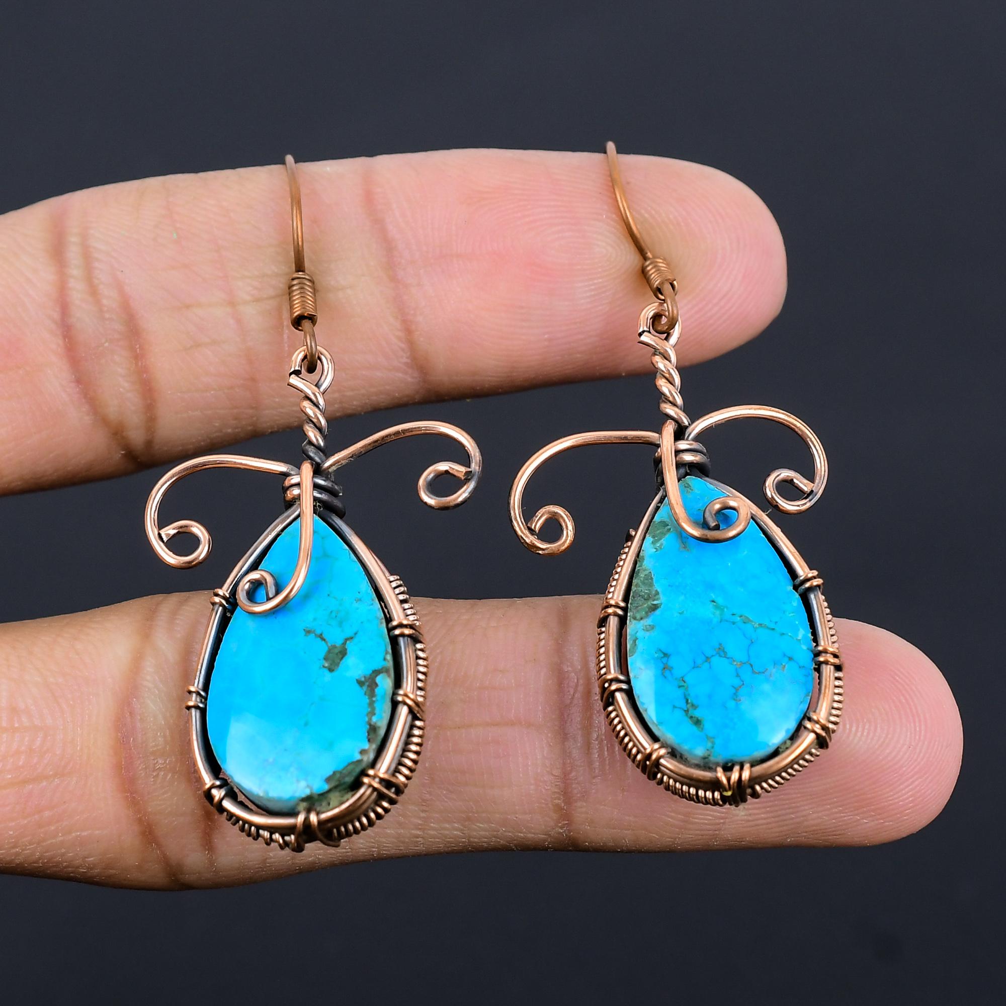 

Серьги с тибетской бирюзой, ювелирные изделия из драгоценных камней, серьги ручной работы, обернутые медной проволокой 999 пробы, ювелирные изделия новейшего дизайна 2.55