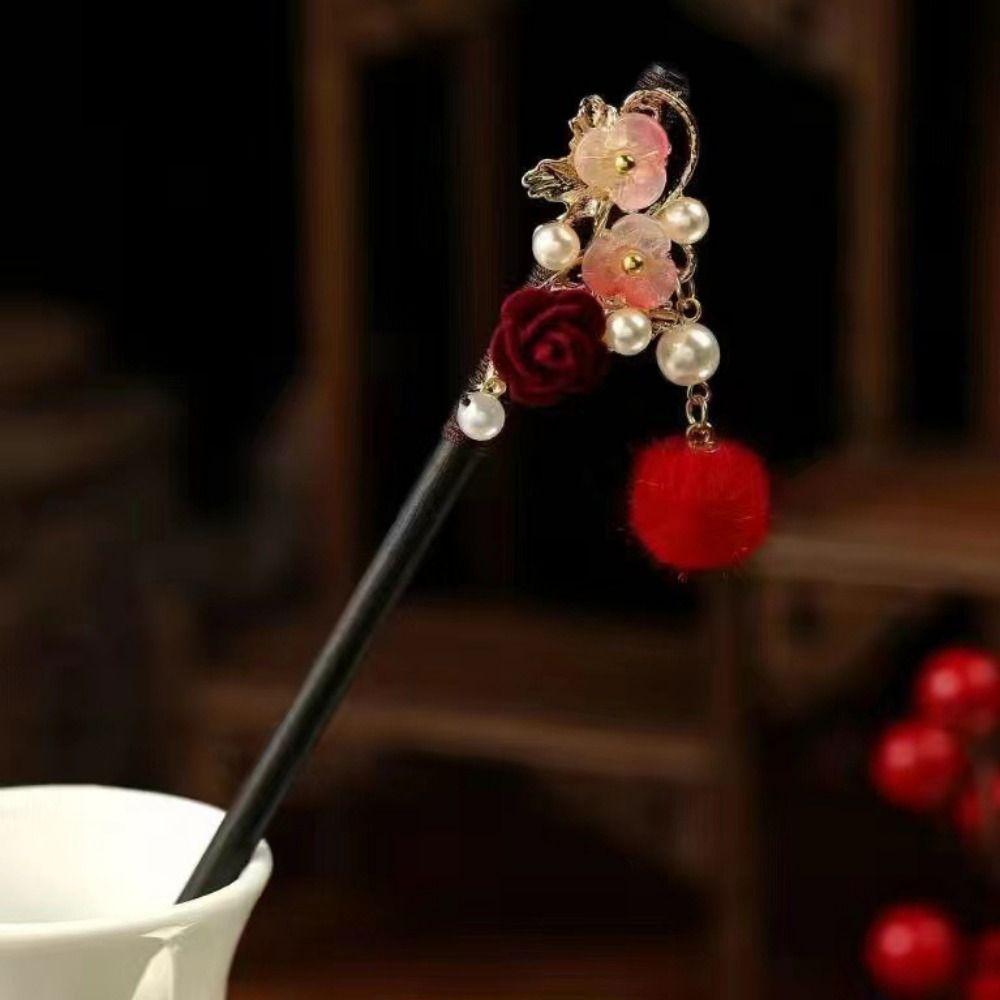 Wooden New Chinese Hair Stick Flower Hanfu Hair Bun Flower Hairpin For Women Girls