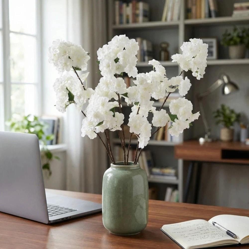 Green Leaves Artificial Cherry Blossom Flower Handmade Fake Flower Home Living Room Decor