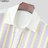INCERUN Oversized Men Lapel Short Sleeve Crochet Patchwork Bow Casual Loose Shirts Tops