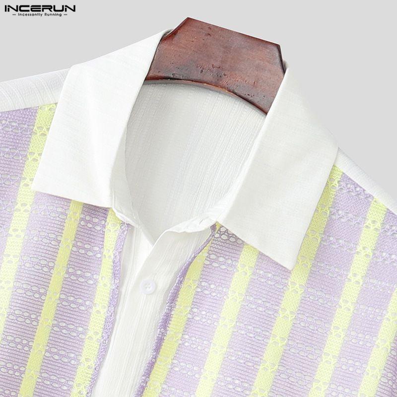 INCERUN Oversized Men Lapel Short Sleeve Crochet Patchwork Bow Casual Loose Shirts Tops