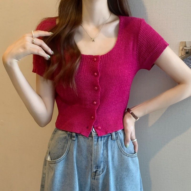 T-shirt for Women in Summer New Sweet Spicy Pure and Slim Design Short Sleeves Front Shoulder Slim Short Knitted Top