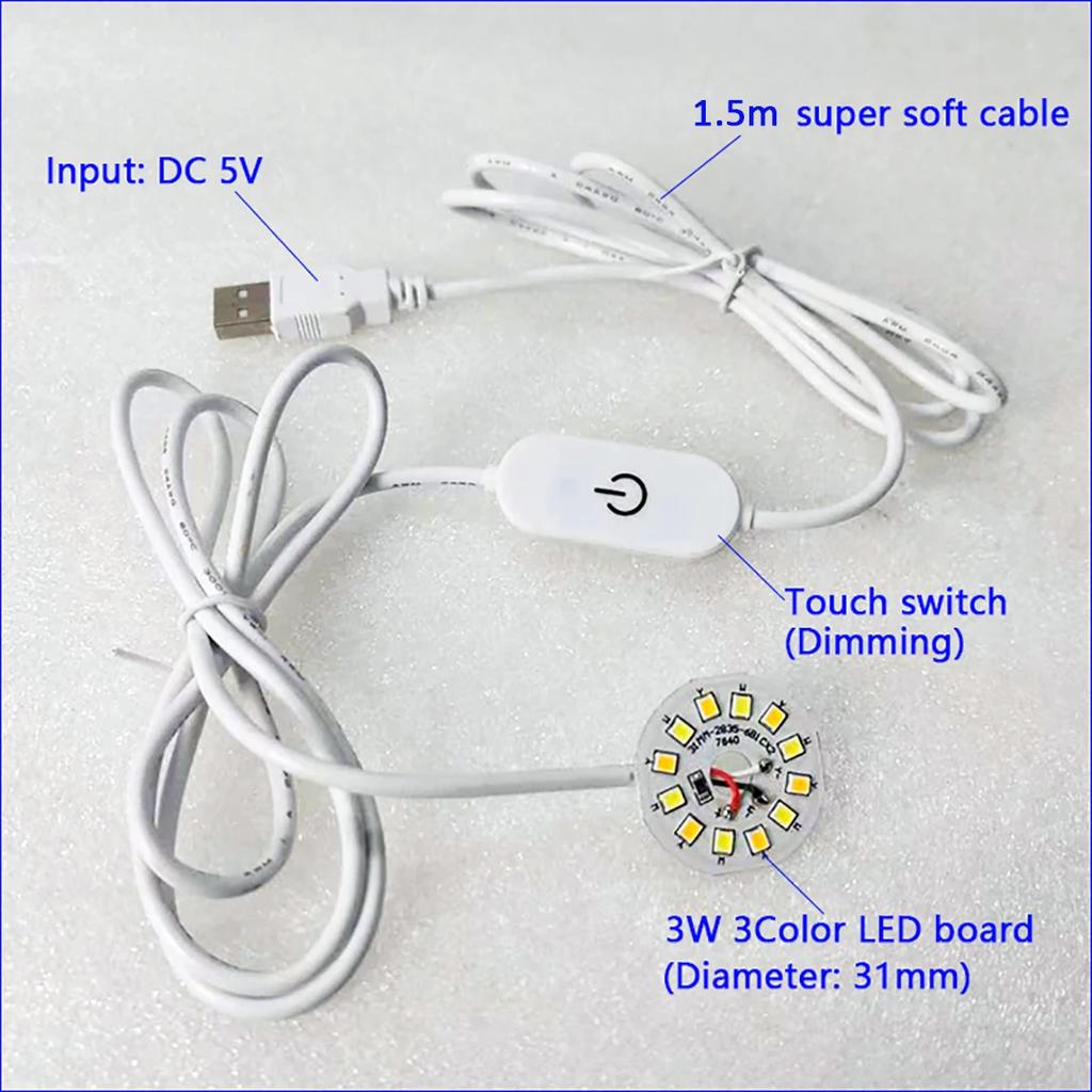 1.5m Line Length Lamp Plate DC 5V USB LED Lights 3 Colors 3W 5W Touch Switch Dimmable Bedroom Reading Night Light Accessories