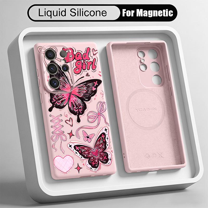 Goldern Sketch Butterfly Case For Samsung Galaxy S26 S25 Ultra S24 Plus S23 S22 Ultra Magnetic For Magsafe Liquid Silicone Cover