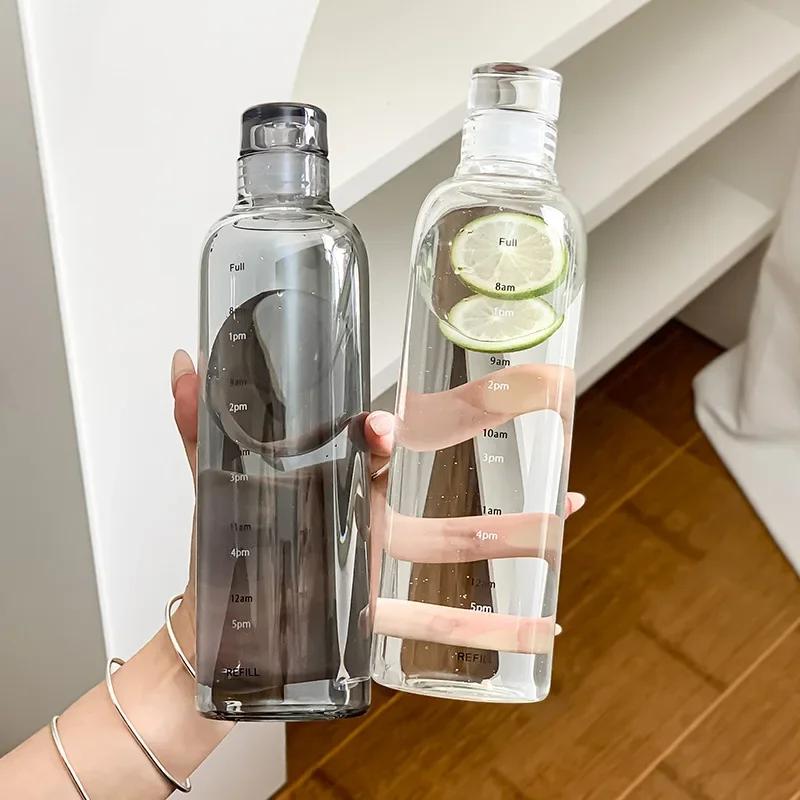500/750 ml transparente Kunststoff-Wasserflasche mit Zeitmarkierung, kreativ, große Kapazität, auslaufsicher, Milchbecher, Trinkgeschirr für Kinder, Schule, Fitnessstudio, Sport