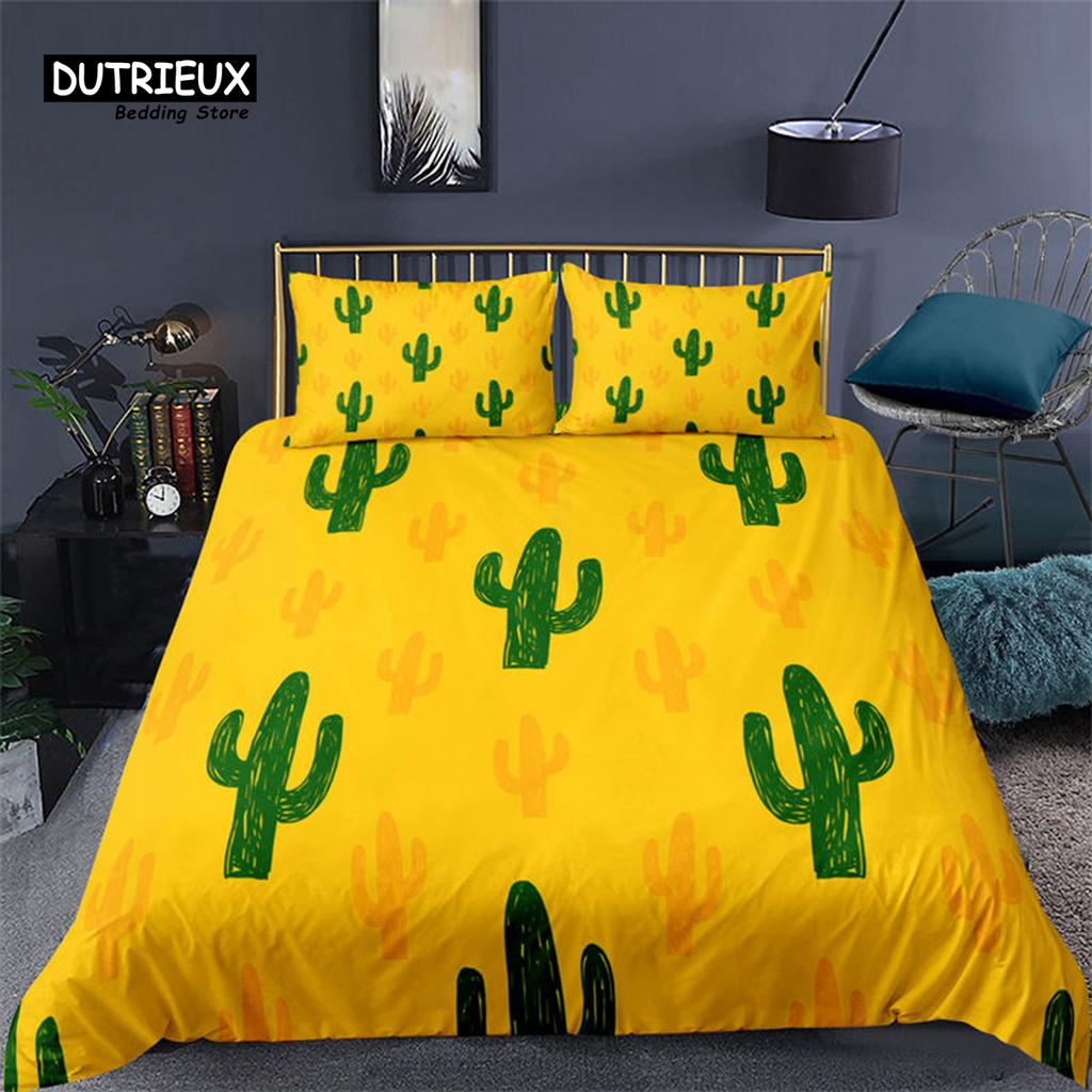 Cartoon Cactus Duvet Cover Spring Garden With Boho Style Bouquet of Thorny Plants Blossoms Decor 3 Piece Bedding Set Pillowcases