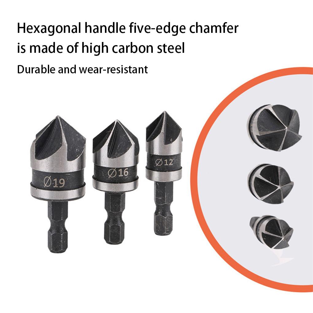 3pcs 90-degrees Chamfer Drill Bit Set Rustproof 5 Flute Wood Working Tool Lightweight Wear-resistant Countersink Drills Bits