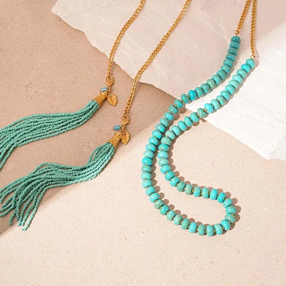Tassel Pendant Long Turquoise Necklace Rice Beads Sweater Chain Bohemian Waist Chain  Women