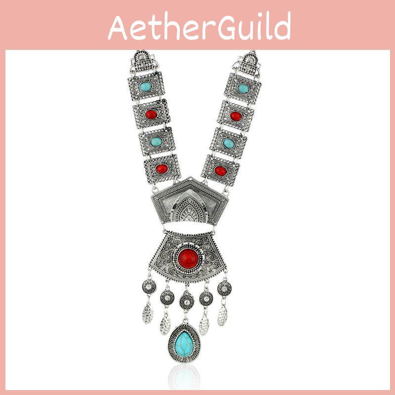 Ethnic Style Simulation Gemstone Decoration Women Metal Necklace Tassel With