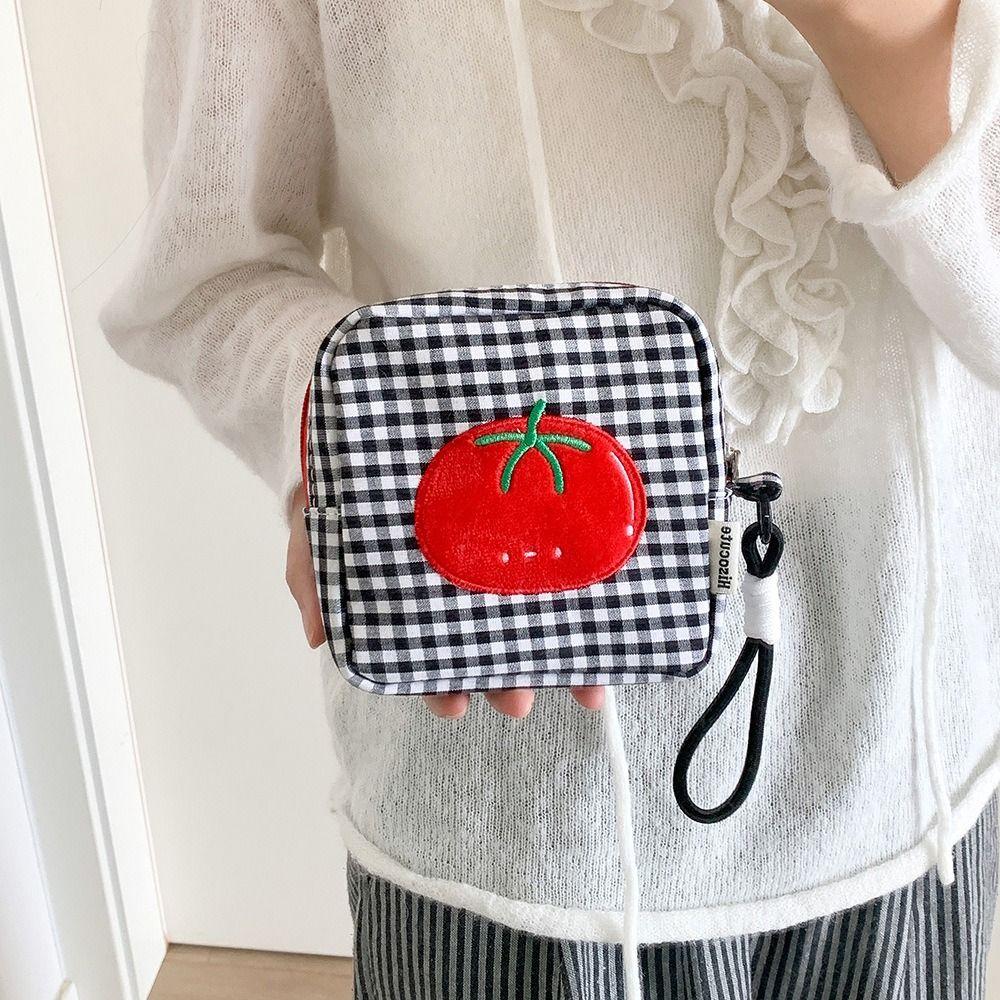 Tomato Plaid Small Makeup Bag Square Mini Organizer Bag  CCD Camera Sanitary Napkin Lipstick