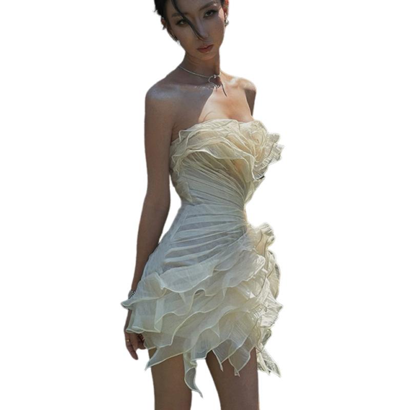 2026 European and American French lady style temperament ruffle leaf edge three-dimensional flower streamer irregular dress waist skirt
