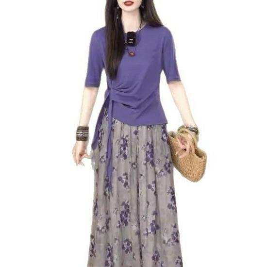 Chic Irregular Short Sleeve Top & Floral High Waist Midi Skirt Set