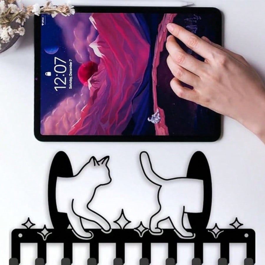 Cat Key Holder Wall Hook Decorative Hanger Leash Storage Handmade Ironcraft