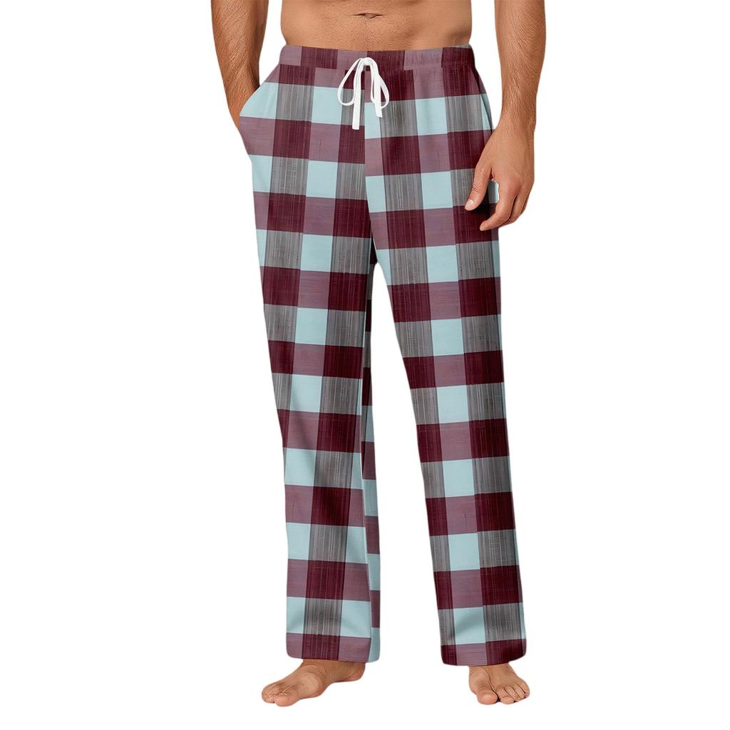 Men's Drawstring Pocket Casual Pants Plaid Stripe Print Pocket Casual Pants Home Pajama Pants