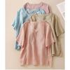 Women Floral Embroidered V Neck Short Sleeve Linen Cotton Blend Top