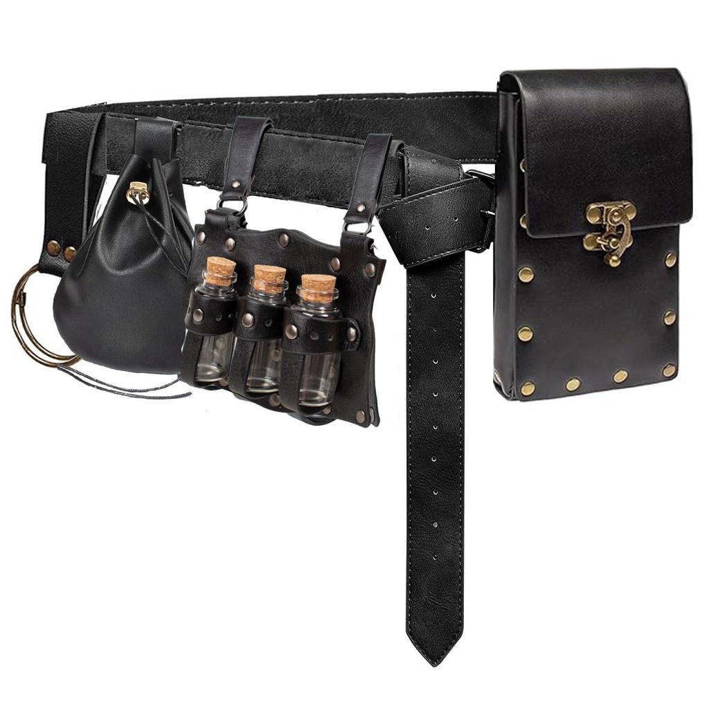 Medieval Leather Waistband Belt with Cord and Pouch