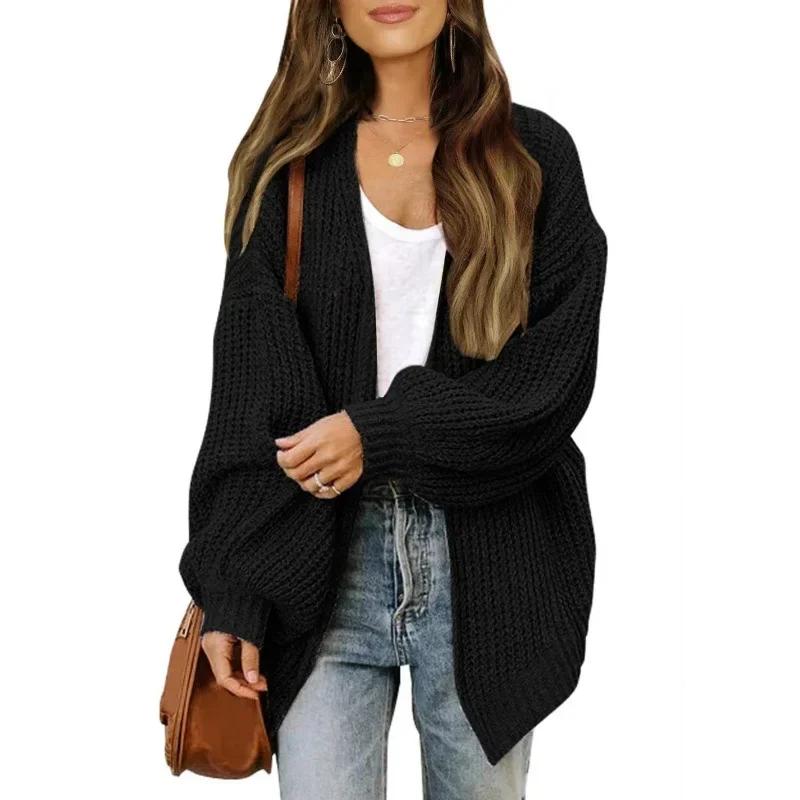 Chic Autumn Idle Style V-Neck Knitted Cardigan Women Sweater Jacket Versatile Loose Fit Casual Solid Color Lantern Sleeve Pullovers