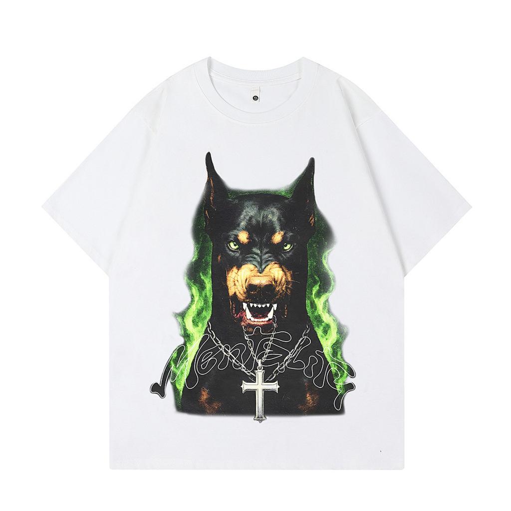 Summer Men'S Trendy Brand Short-Sleeved T-Shirt American High Street Vintage Doberman Print Fried Color T-Shirt