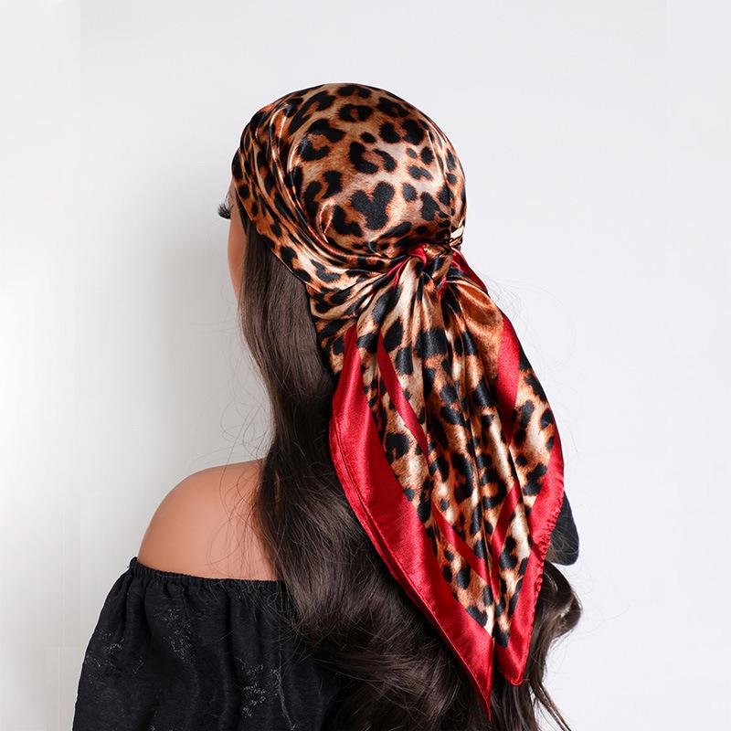 90cm Leopard Print Neckerchief Hijab Scarf For Women Silk Satin Headband Hair Scarves Female Square Shawls Ladies Head Bandana