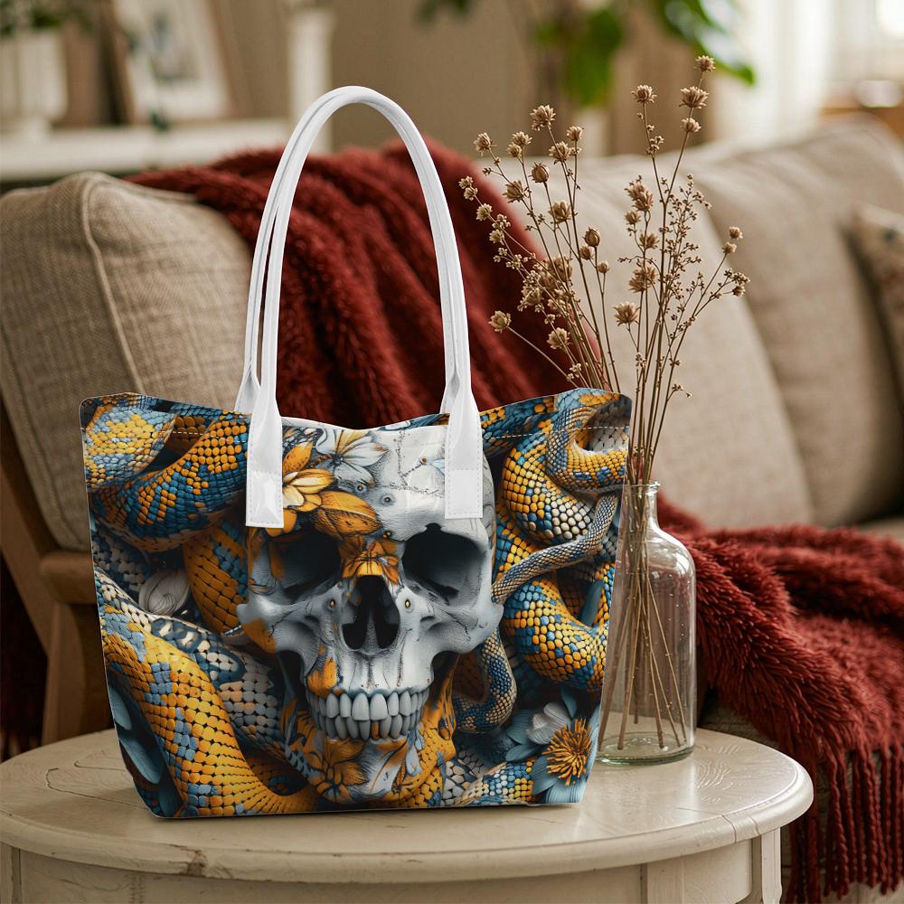 Skull Snake Pattern Tote Bag Unique Fashion Shoulder Bag for Daily Use