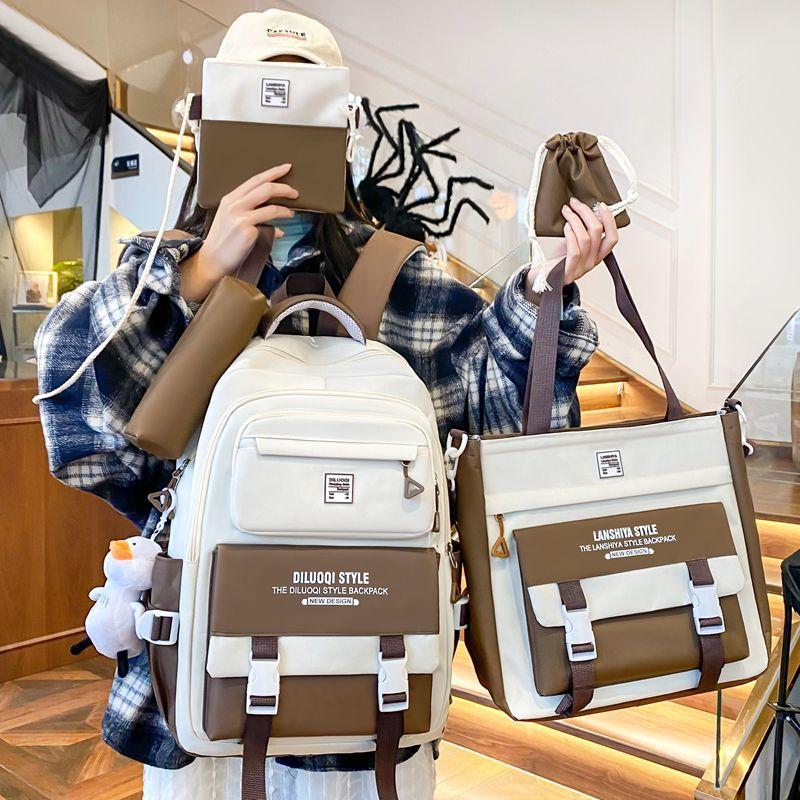 

Легкие Стильные Контрастные Рюкзаки Большой Вместимости Рюкзак для Instagram Наплечные Сумки Снижение Нагрузки Защита Позвоночника Ученики Начальной Школы 8126 khaki five-piece set