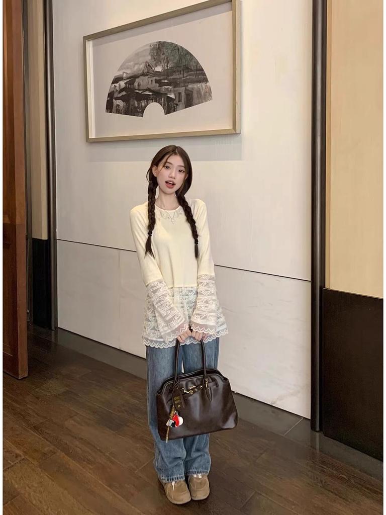 Women's Slimming Waist-Hugging Lace Patchwork Top for Autumn/Winter